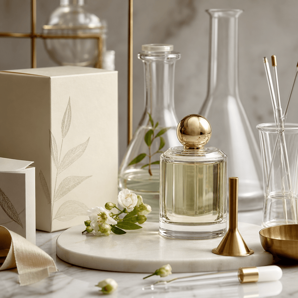Luxury fragrance lab and packaging craftsmanship scene